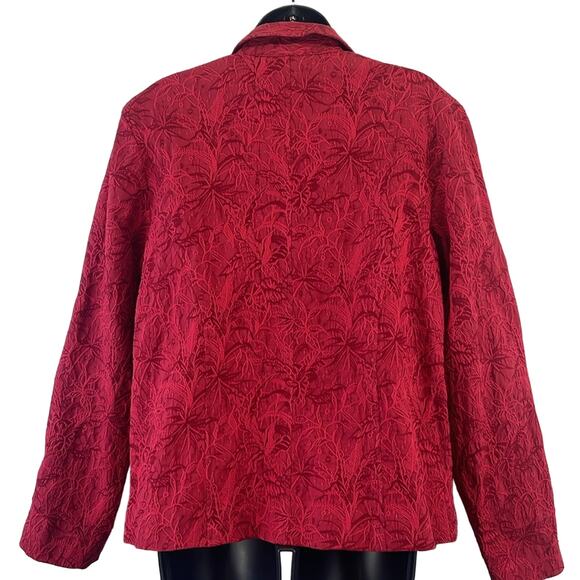 Coldwater Creek Reds Embroidered Floral Detail Comfort Stretch Button Blazer M - Picture 8 of 10